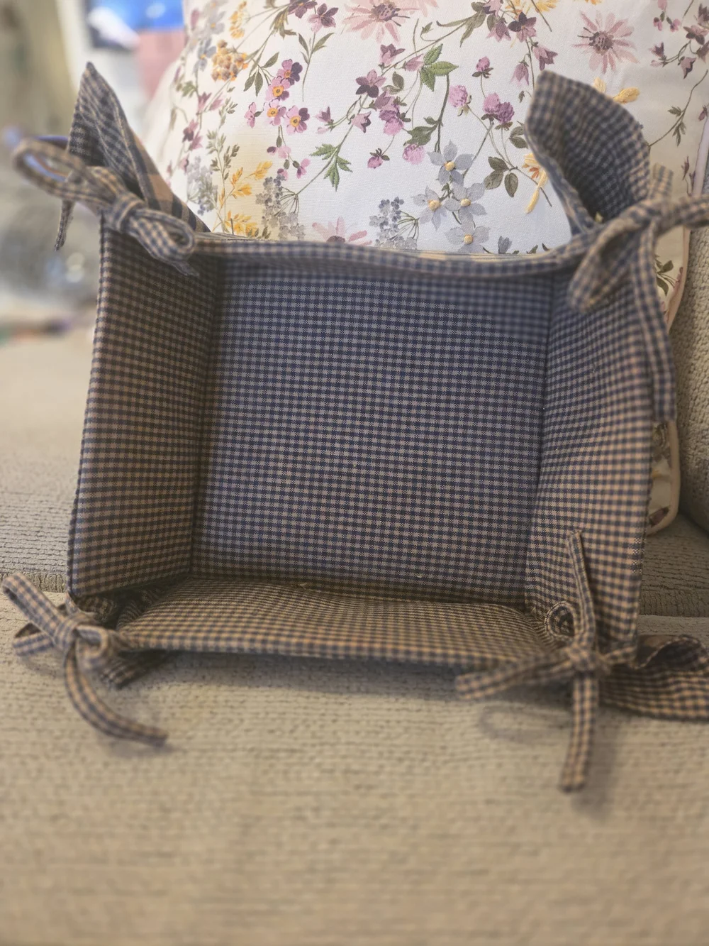 Gingham Fabric Tray with Corner Ties